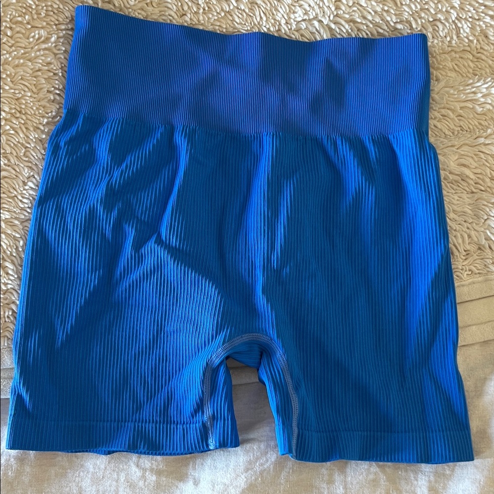 Blue Ribbed High-Waisted Biker Shorts